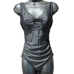 Kona Sol Lace-Up Scallop One Piece Swimsuit Black Size S 4/6 Ruched